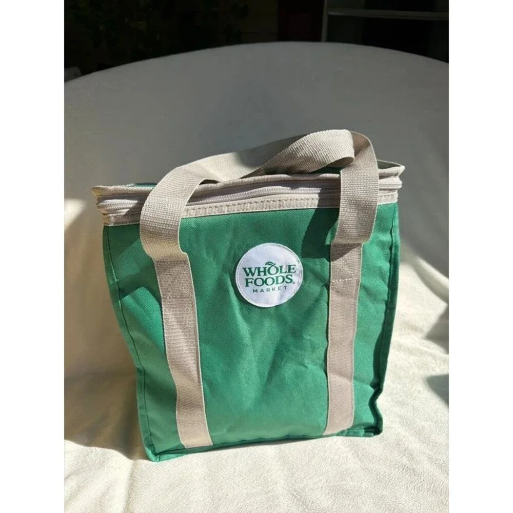 Whole Foods Market shopping bag insulated reusable green gray clean